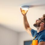 A photograph of a lighting contractor installing a 4-inch led retrofit can light in a modern ceiling