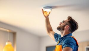 A photograph of a lighting contractor installing a 4-inch led retrofit can light in a modern ceiling