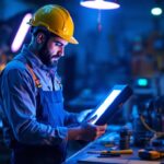 A photograph of a lighting contractor examining a uv light in a well-lit workshop