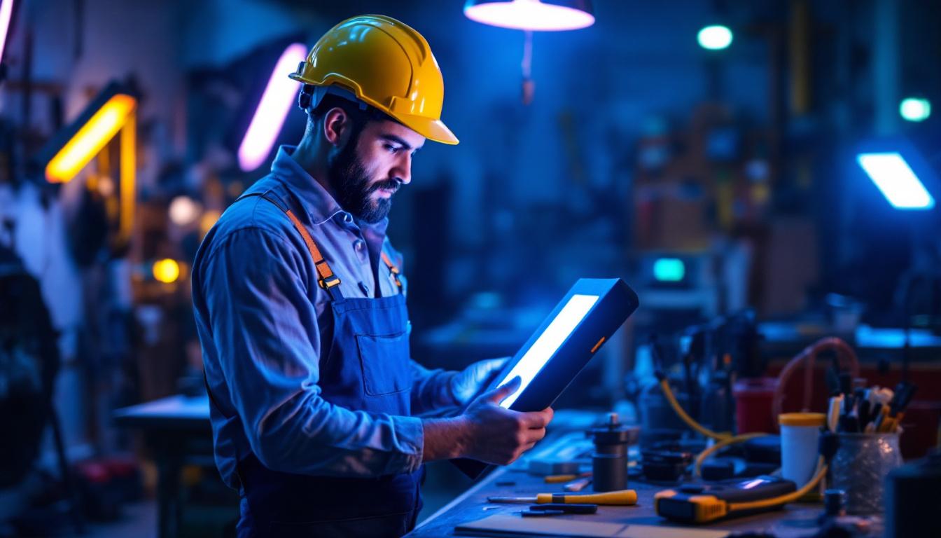 A photograph of a lighting contractor examining a uv light in a well-lit workshop