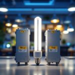 A photograph of a side-by-side comparison of t8 and t12 ballasts