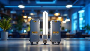 A photograph of a side-by-side comparison of t8 and t12 ballasts