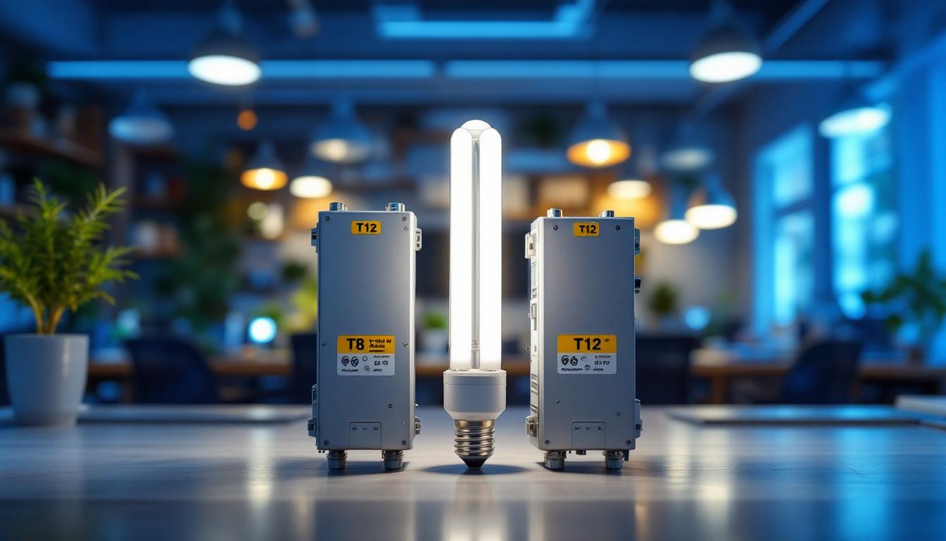 A photograph of a side-by-side comparison of t8 and t12 ballasts