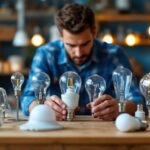 A photograph of capture a photograph of a diverse array of standard light bulbs displayed on a wooden workbench