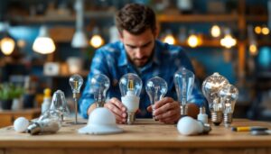 A photograph of capture a photograph of a diverse array of standard light bulbs displayed on a wooden workbench