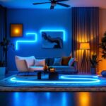 A photograph of a vibrant scene showcasing a variety of custom led strip lights in different settings