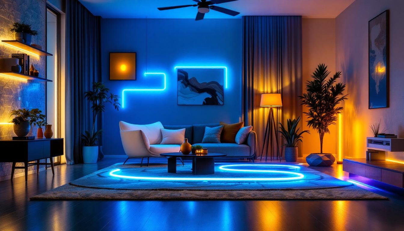 A photograph of a vibrant scene showcasing a variety of custom led strip lights in different settings