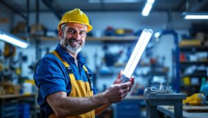 A photograph of a lighting contractor comparing t8 and t12 fluorescent tubes in a well-lit workshop