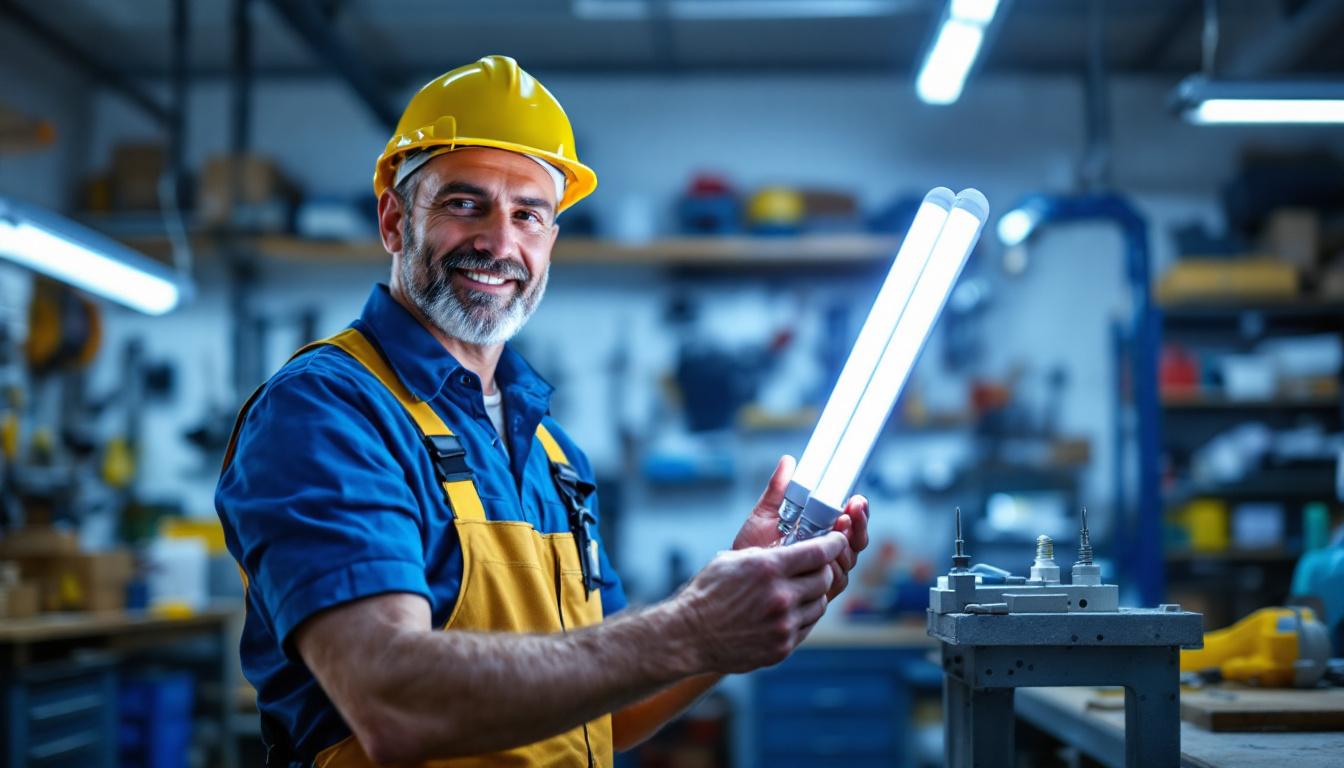 A photograph of a lighting contractor comparing t8 and t12 fluorescent tubes in a well-lit workshop