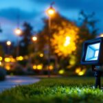 A photograph of a well-lit outdoor scene showcasing various led flood lights in action