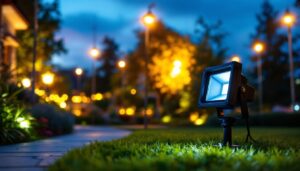 A photograph of a well-lit outdoor scene showcasing various led flood lights in action
