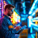 A photograph of a lighting contractor examining a vibrant display of led strips in a well-lit workshop