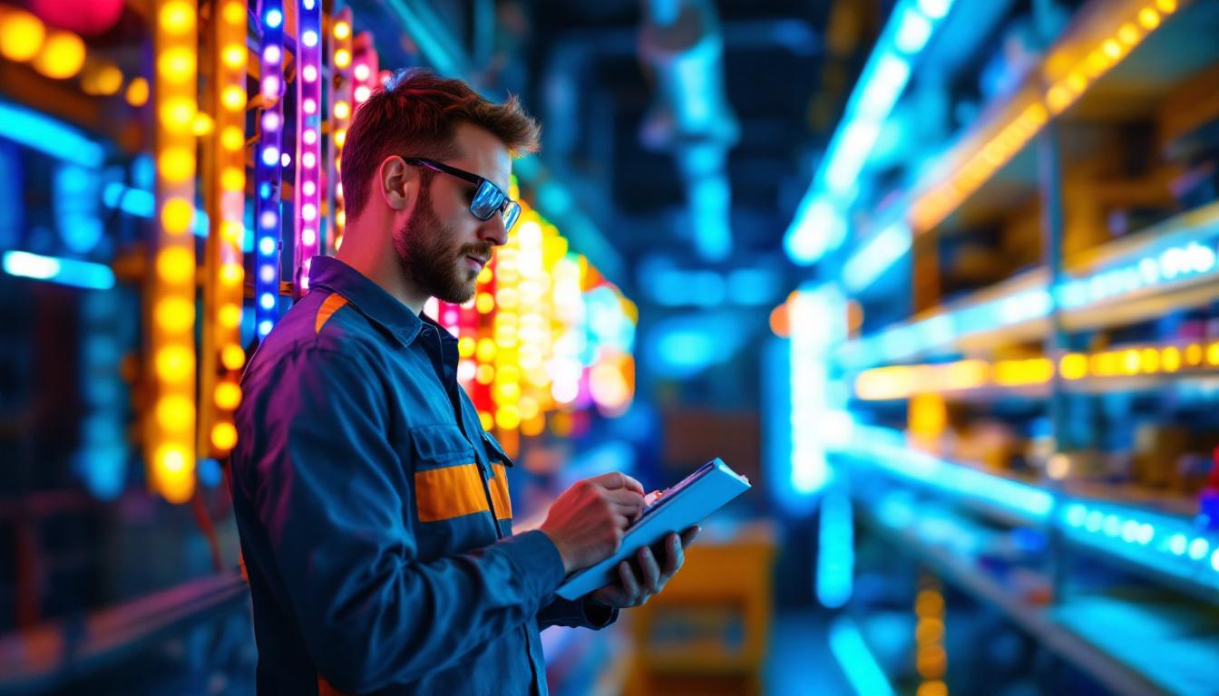 A photograph of a lighting contractor examining a vibrant display of led strips in a well-lit workshop