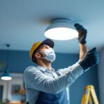 A photograph of a skilled lighting contractor installing a stylish surface-mounted light fixture in a modern interior space