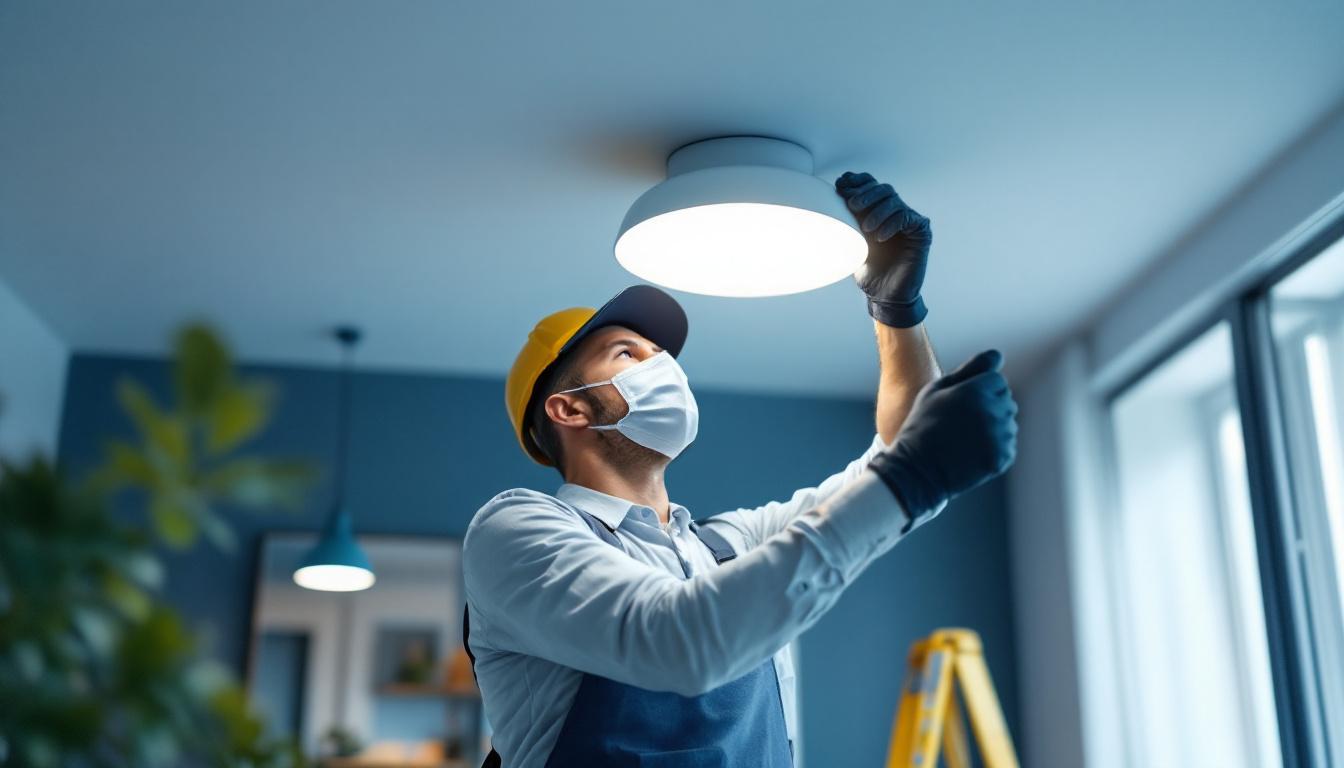 A photograph of a skilled lighting contractor installing a stylish surface-mounted light fixture in a modern interior space