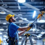 A photograph of a lighting contractor working in a retail environment