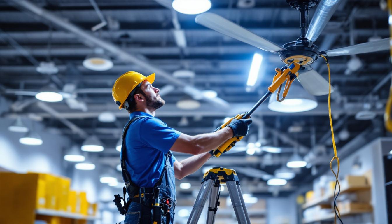 A photograph of a lighting contractor working in a retail environment