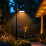 A photograph of a tall outdoor lamp illuminating a beautifully landscaped garden or patio at dusk