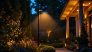A photograph of a tall outdoor lamp illuminating a beautifully landscaped garden or patio at dusk