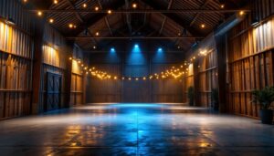 A photograph of a beautifully lit pole barn interior showcasing various lighting options