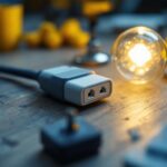 A photograph of a well-organized workspace featuring a close-up of a plug with switch wiring alongside tools and materials used for a lighting project