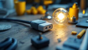 A photograph of a well-organized workspace featuring a close-up of a plug with switch wiring alongside tools and materials used for a lighting project
