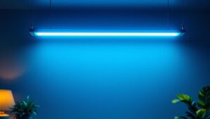A photograph of a sleek 4 ft led fluorescent light fixture installed in a modern workspace