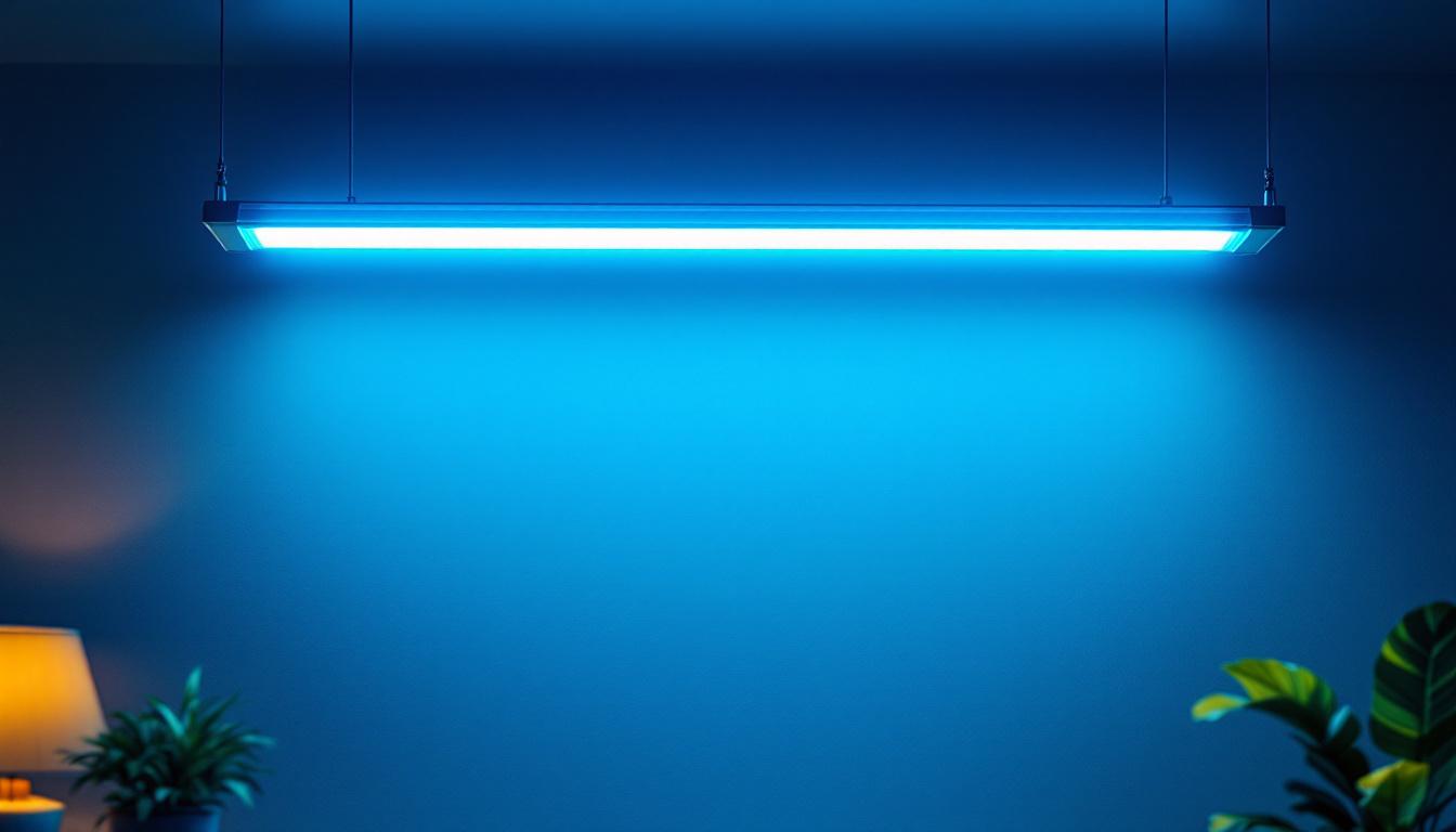 A photograph of a sleek 4 ft led fluorescent light fixture installed in a modern workspace