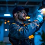 A photograph of a lighting contractor at work