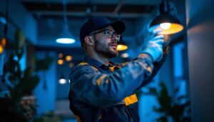 A photograph of a lighting contractor at work