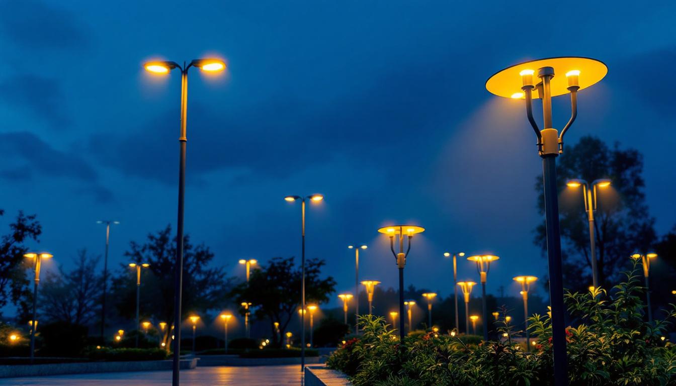 A photograph of a well-lit outdoor space showcasing various tall lighting fixtures in use
