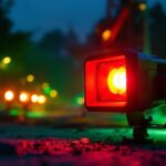 A photograph of a dynamic scene featuring red and green flood lights illuminating a construction site or outdoor event