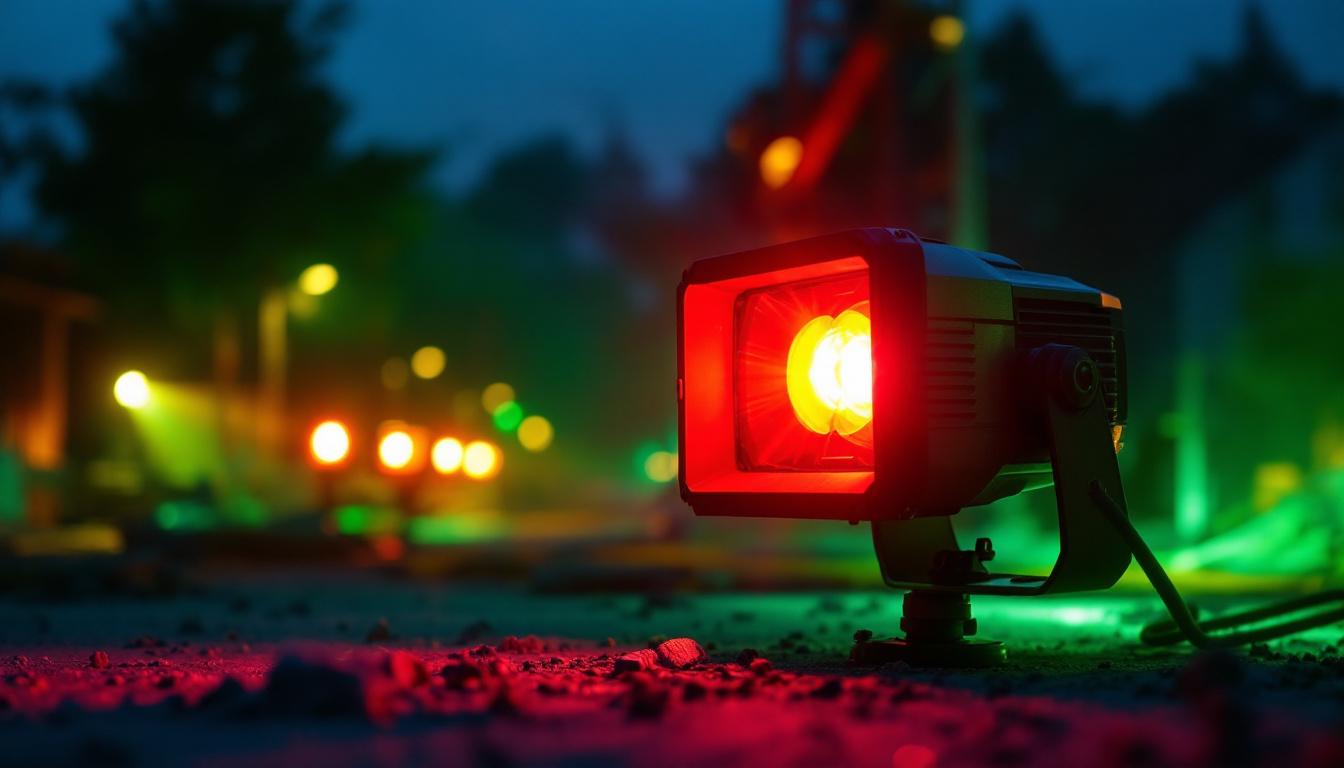 A photograph of a dynamic scene featuring red and green flood lights illuminating a construction site or outdoor event