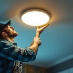 A photograph of a lighting contractor installing 6-inch retrofit led lights in a residential ceiling