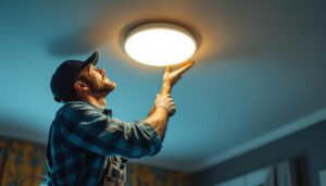 A photograph of a lighting contractor installing 6-inch retrofit led lights in a residential ceiling