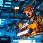 A photograph of a lighting contractor examining a variety of 6-foot led fixtures in a well-lit workshop