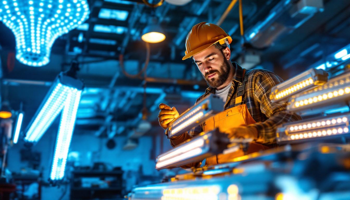 A photograph of a lighting contractor examining a variety of 6-foot led fixtures in a well-lit workshop