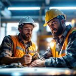 A photograph of a lighting contractor examining a bright