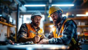 A photograph of a lighting contractor examining a bright
