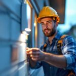 A photograph of a lighting contractor installing a motion detection light in an outdoor setting