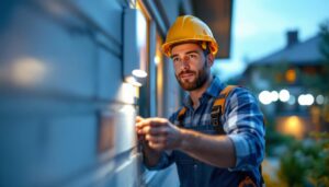 A photograph of a lighting contractor installing a motion detection light in an outdoor setting