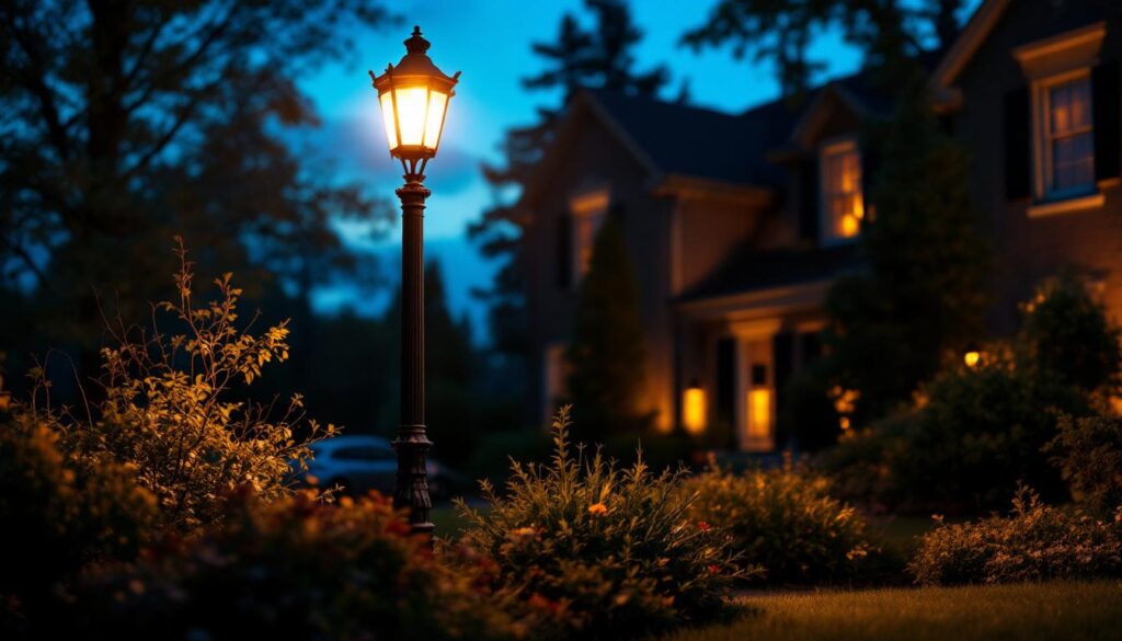 A photograph of a beautifully illuminated outdoor lamp post in a residential or commercial setting during twilight