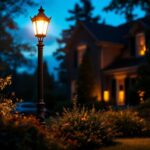 A photograph of a beautifully illuminated outdoor lamp post in a residential or commercial setting during twilight