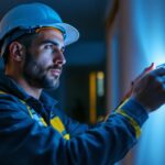 A photograph of a lighting contractor working on an installation