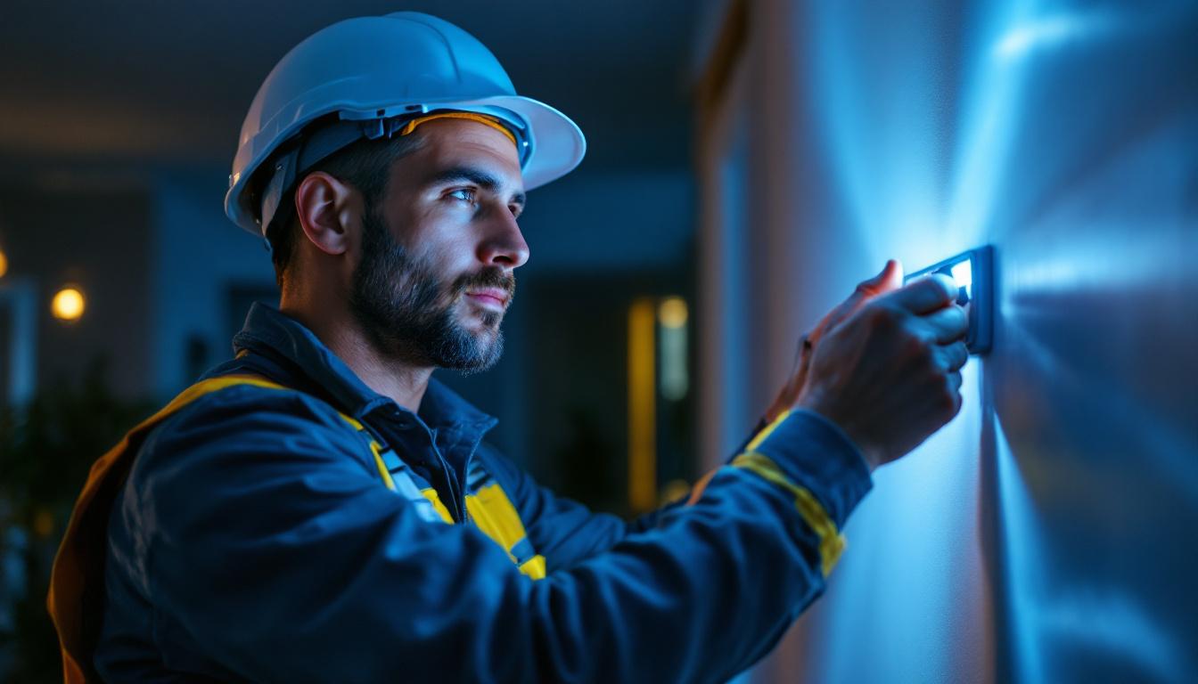 A photograph of a lighting contractor working on an installation