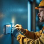 A photograph of a skilled lighting contractor installing a modern electrical wall switch in a stylish home setting