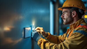 A photograph of a skilled lighting contractor installing a modern electrical wall switch in a stylish home setting