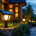 A photograph of a sleek black solar light illuminating a beautifully landscaped outdoor space at dusk
