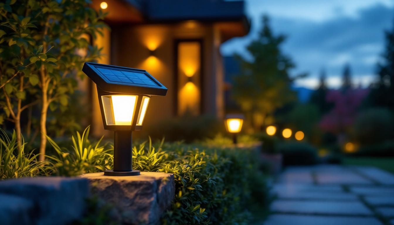 A photograph of a sleek black solar light illuminating a beautifully landscaped outdoor space at dusk