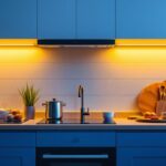 A photograph of a beautifully designed kitchen featuring under-cabinet led lighting